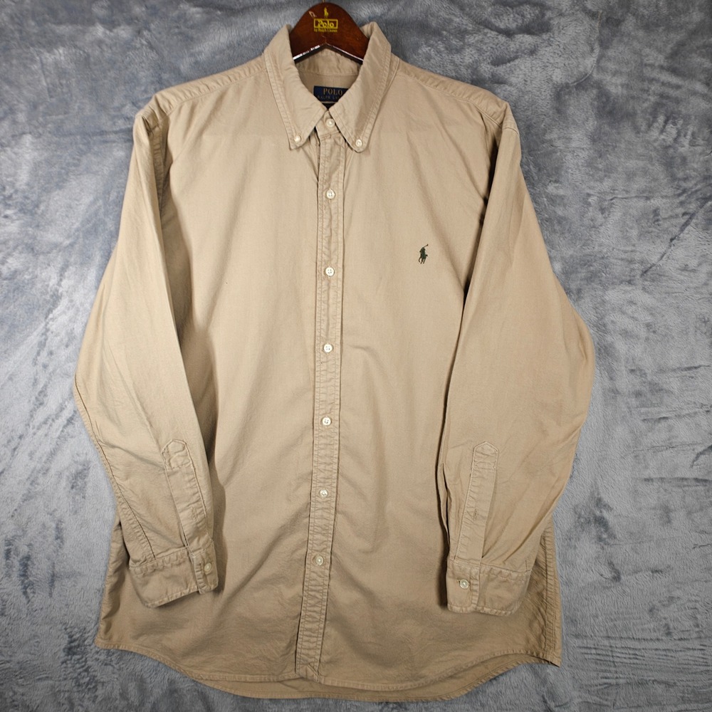 Polo Ralph Lauren Button Down Shirt Mens XXL Tan Khaki Cotton Canvas Classic Fit